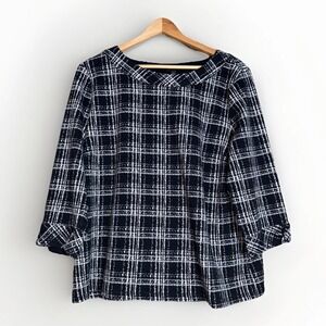 Talbots Black & White Window Pane 3/4 Sleeve Boat Neck Ponte Shirt Size XLP